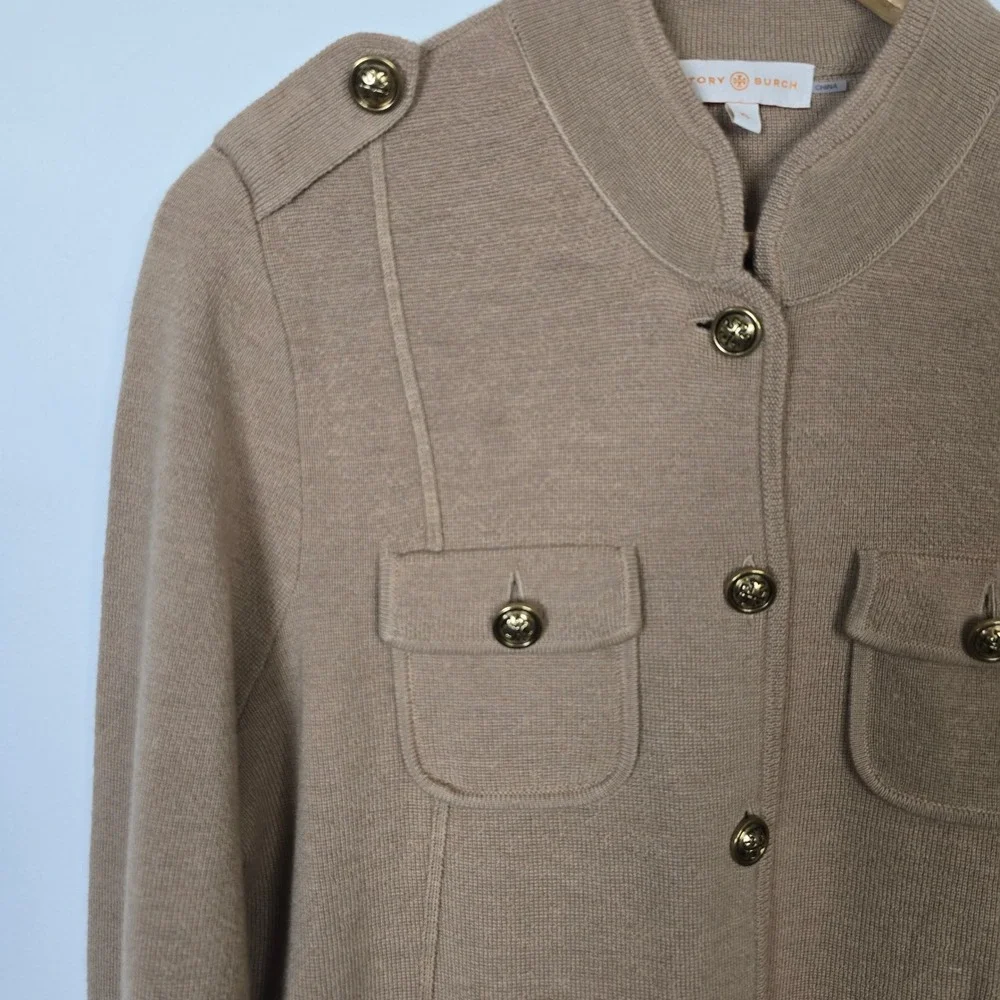 Tory Burch Tan 100% Wool Military Cardigan Jacket Gold Logo Buttons XL